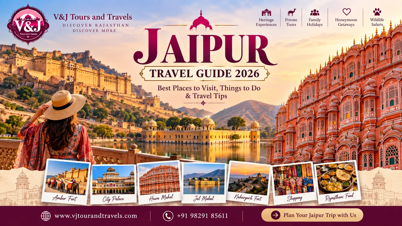 Jaipur Travel Guide 2026 featuring Amber Fort, Hawa Mahal, Jal Mahal and Jaipur attractions