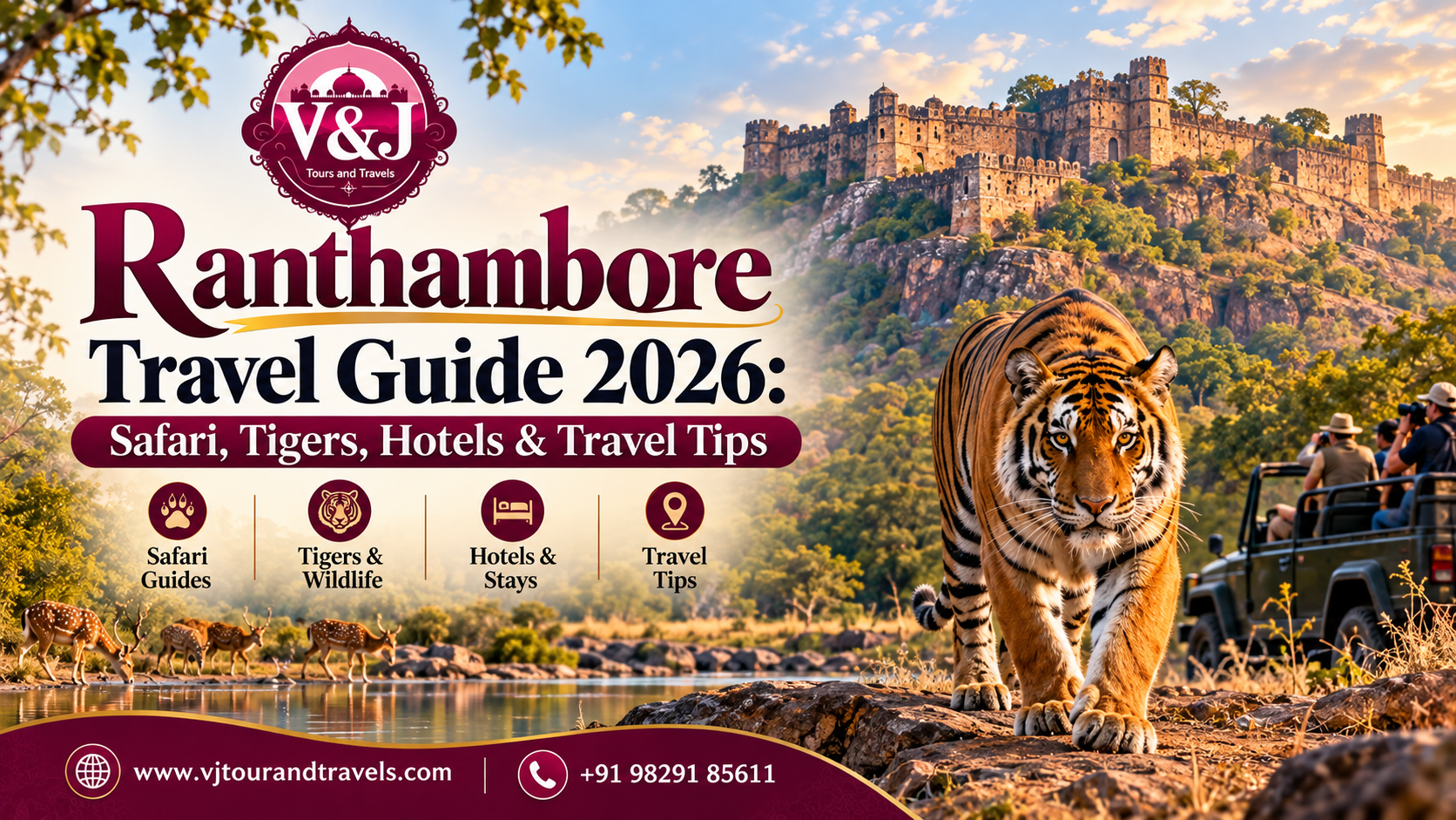Ranthambore Travel Guide 2026 featuring a Bengal tiger, Ranthambore Fort, wildlife and safari jeep